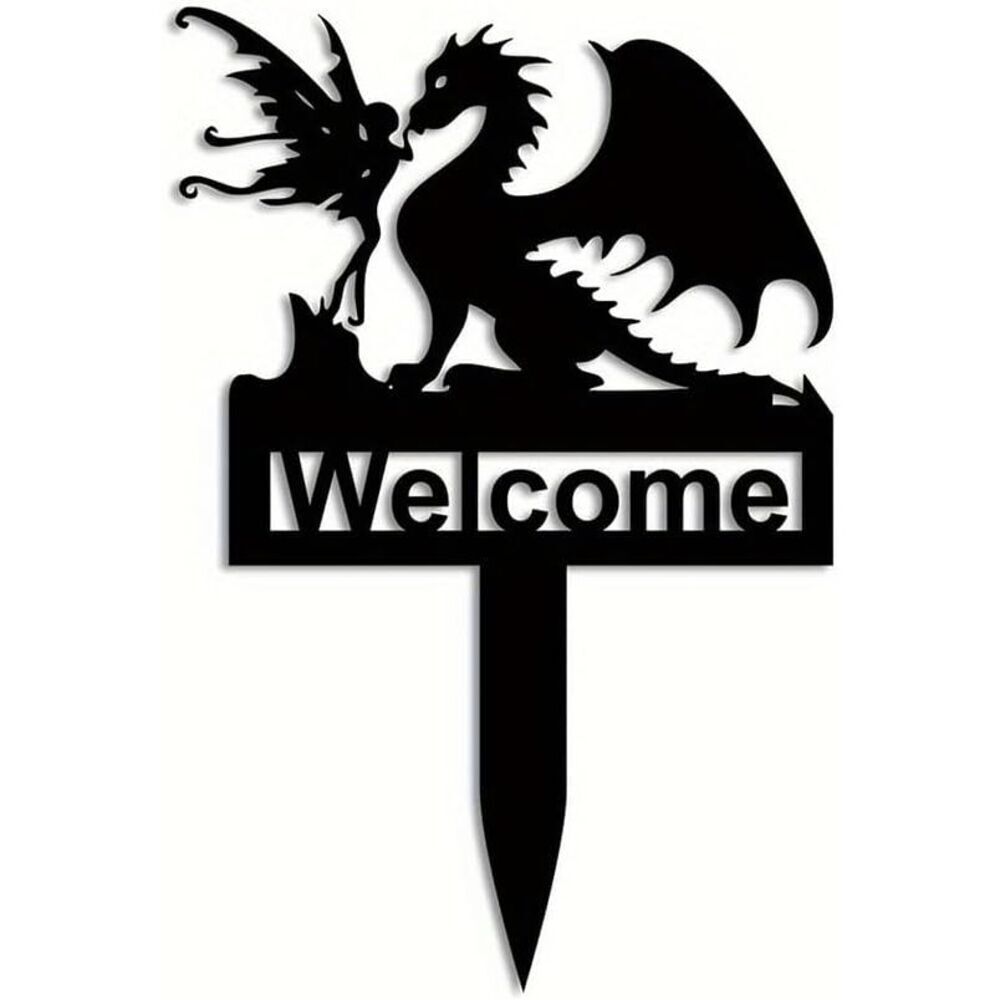 Dragon and Fairy Metal Stake Garden Welcome Black Yard Sign